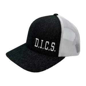 Image of a DICS branded black and white baseball style hat.