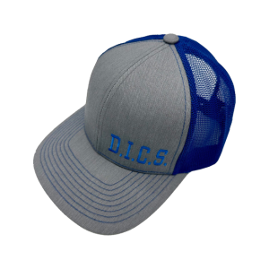 Image of a DICS branded blue and gray baseball style hat.